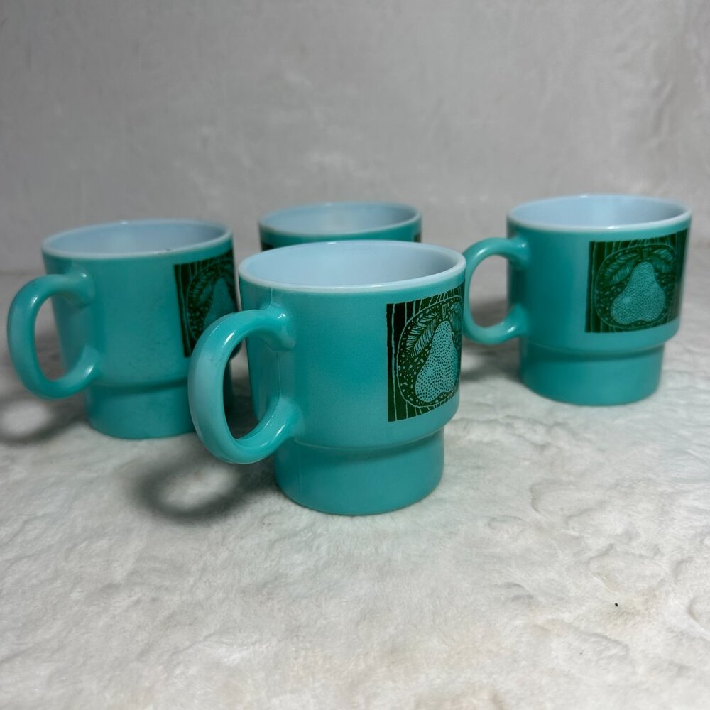 4 Vintage Teal Blue Stackable Coffee Mug Cups Turquoise Hazelware Fruit W6809 - Picture 5 of 12
